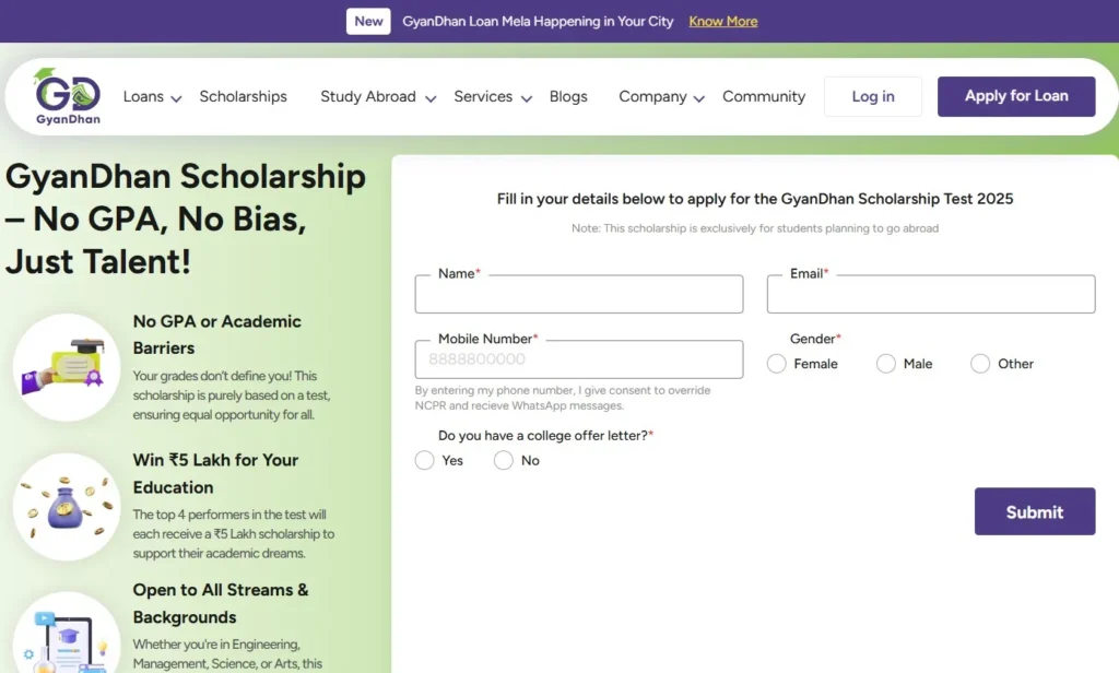 Gyandhan Scholarship 2025 Apply Online